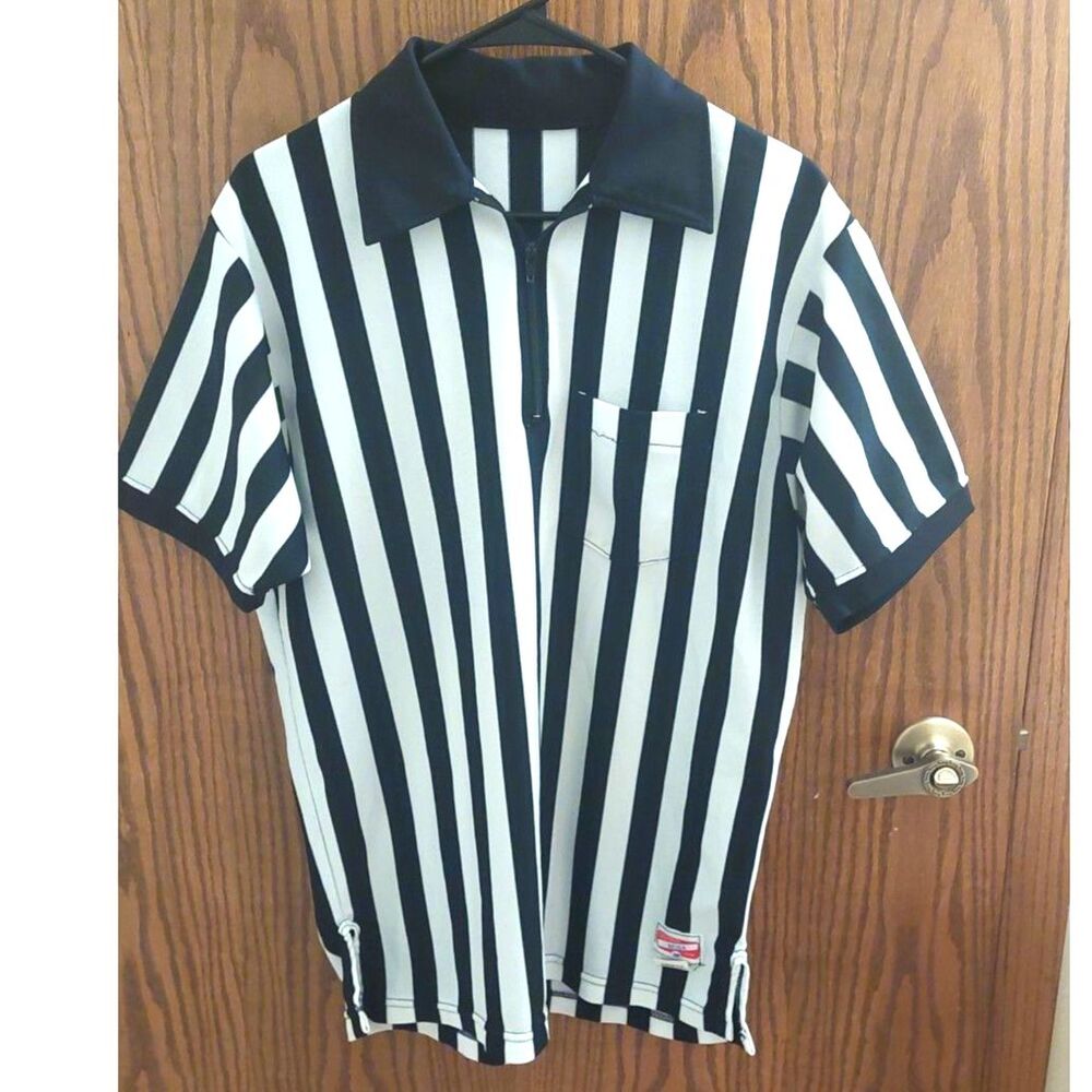 Powers NFIOA Official Referee Jersey Shirt L Black White Striped Zip Athletic